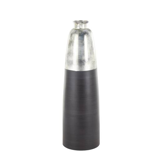34" Black Glass Brushed Two-Toned Floor Vase with Textured Silver Top